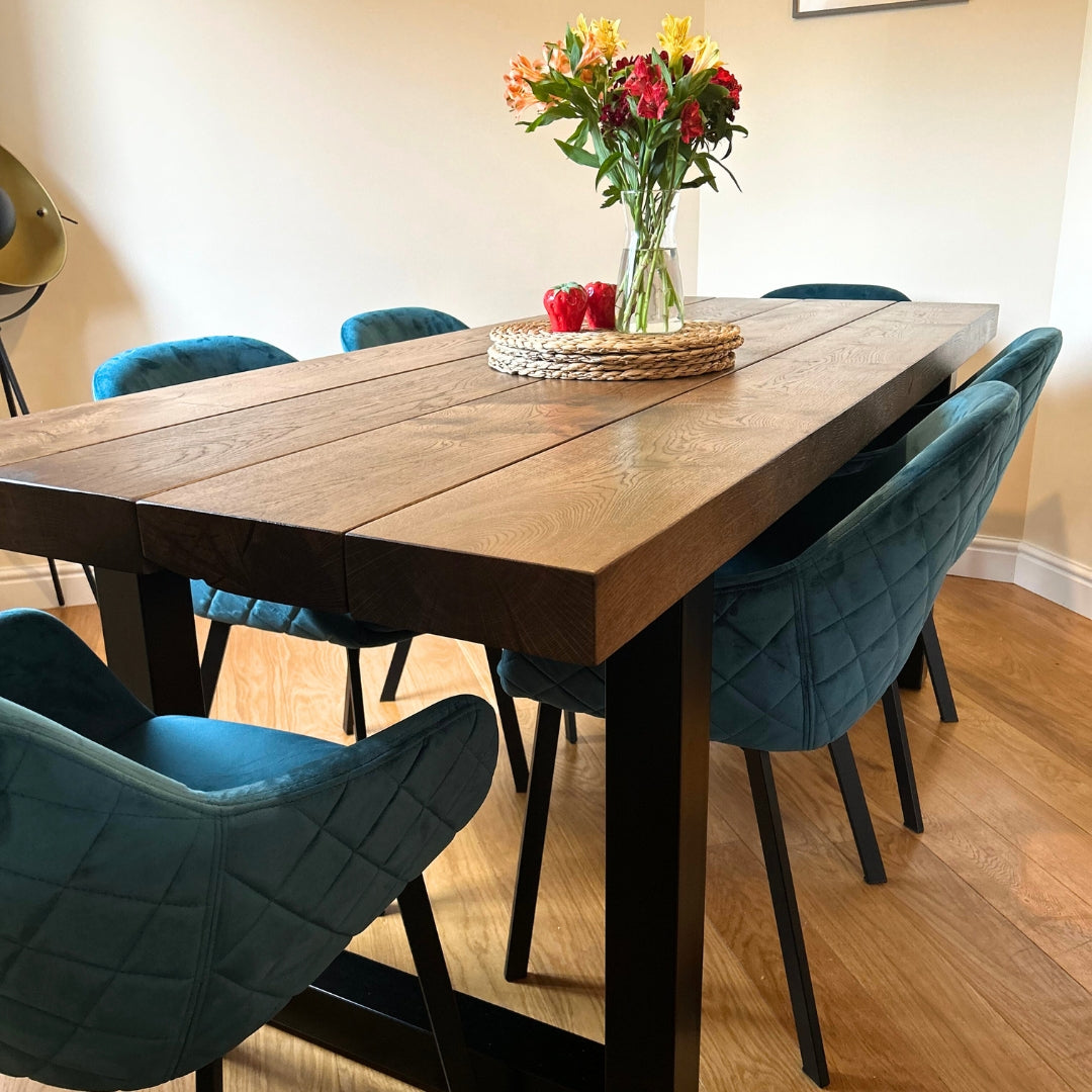 Chunky Thick Solid Oak Dining table and bench masterplank uk shop handmade table rustic