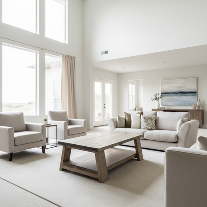 Wooden coffee table in a living room setting with a sofa and basket in the background.
