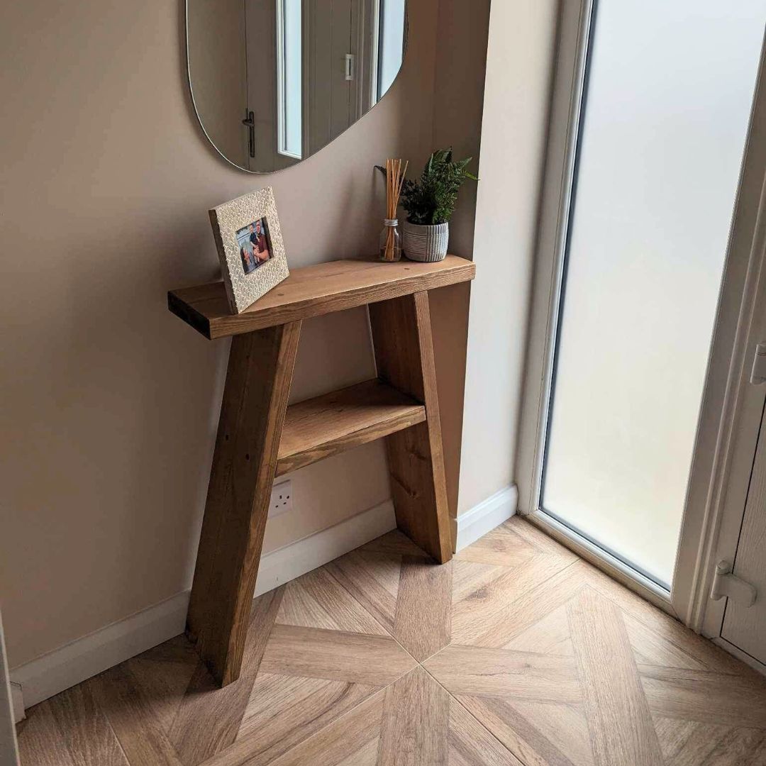 Rustic Wooden console table and side table- Large Reclaimed Wooden milking stool Shelving Masterplank UK   