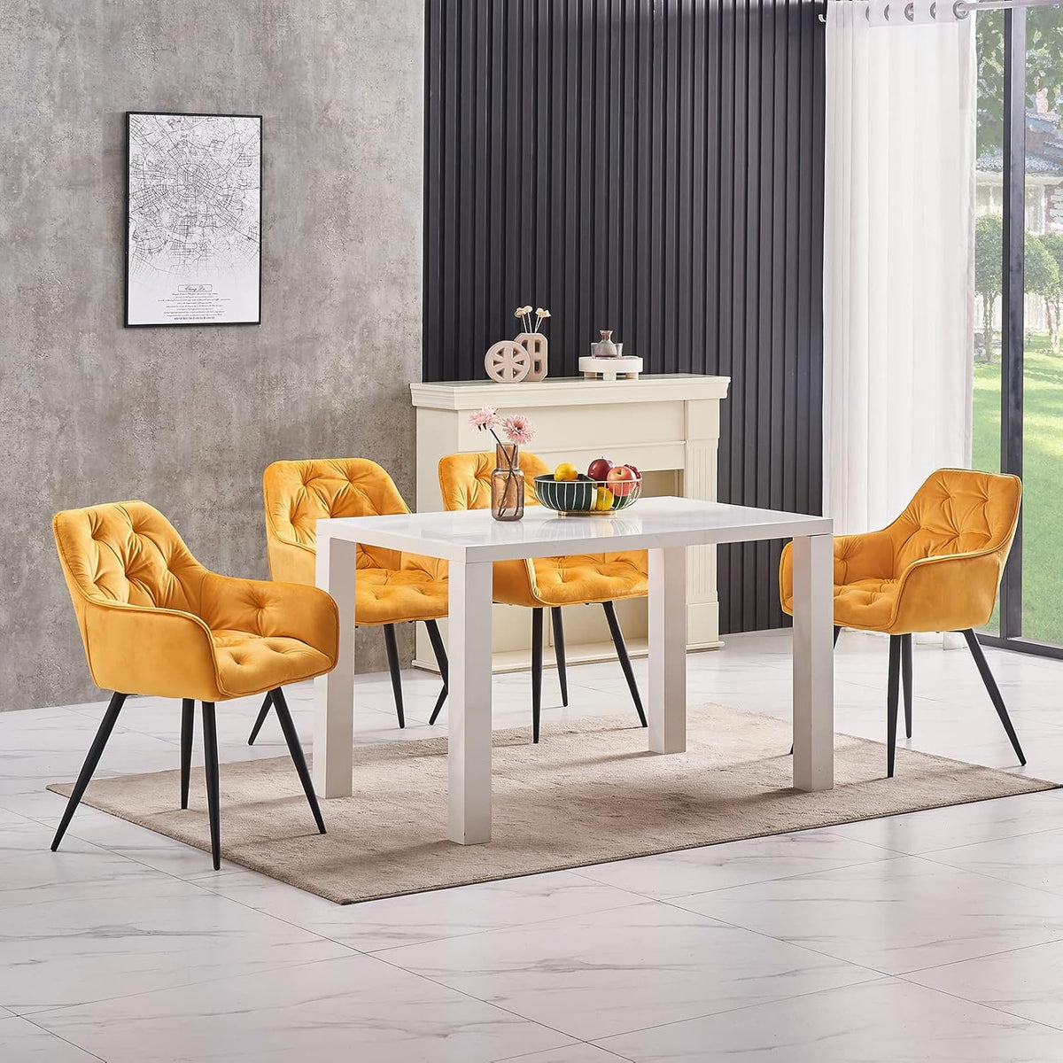 Dining room with a white table and yellow chairs in a modern interior setting.