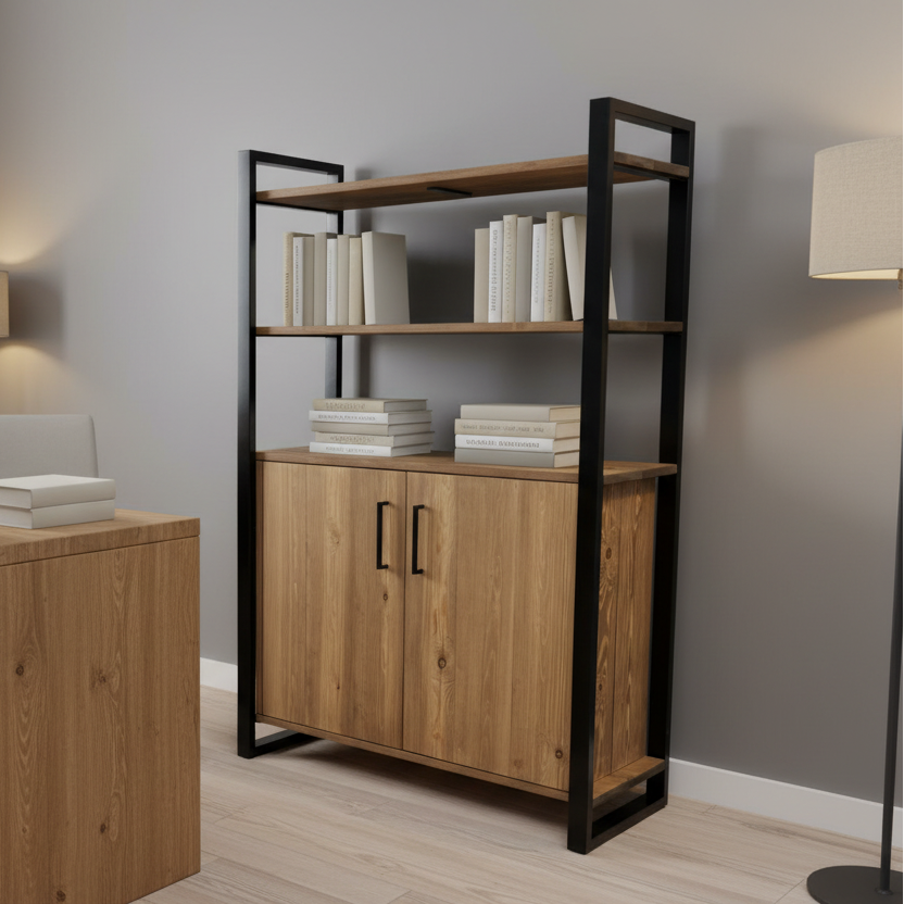 Home office with wooden desk, bookshelf, and lamp.