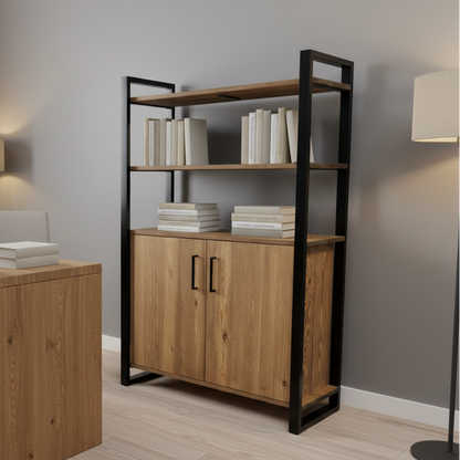 Home office with wooden desk, bookshelf, and lamp.