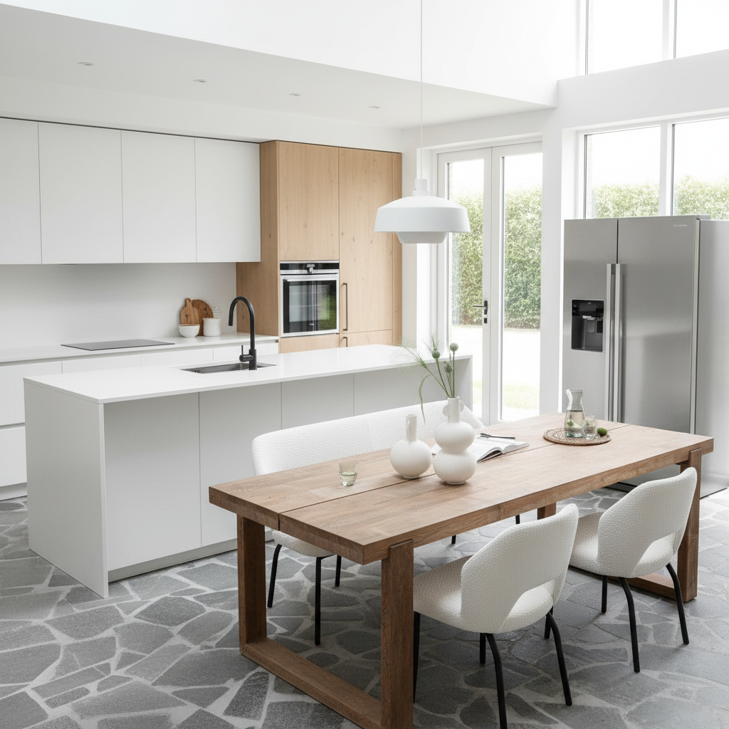 Dining table with boucle chairs in modern kitchen