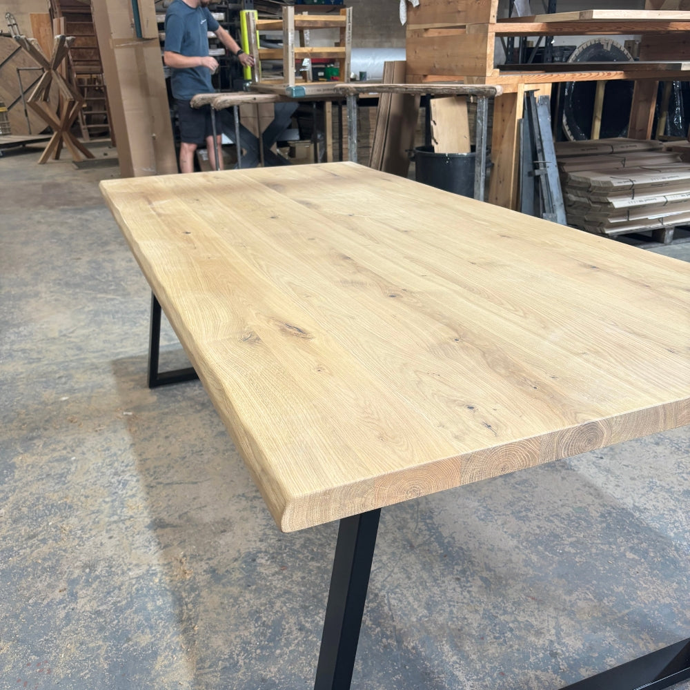 Solid Oak 220cm x 100cm Table With Thick Trapeze legs- Waney edge