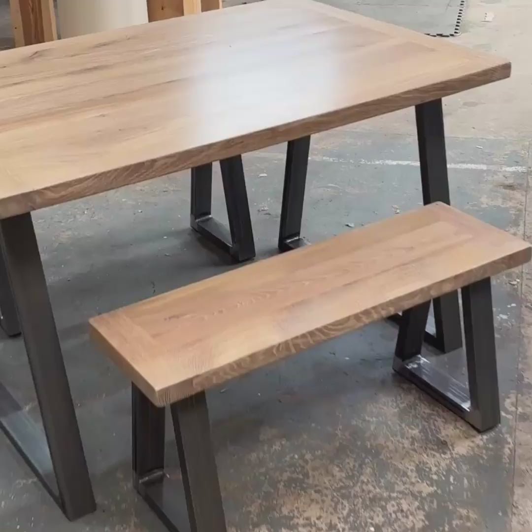 Ex Demo - Solid Oak top Trapeze Dining table 120cm x 84cm - 2 Benches