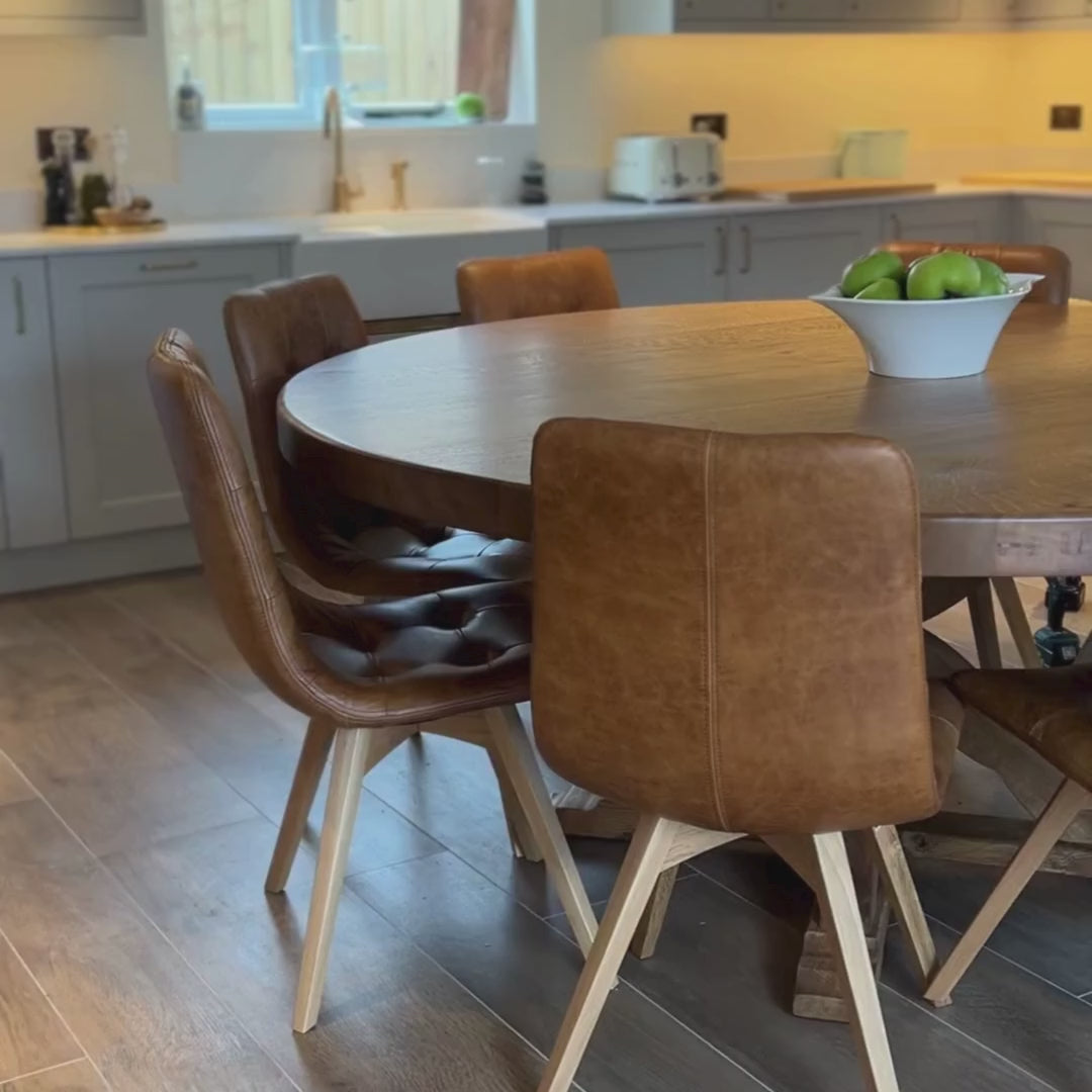 Chunky Thick Solid Oak Round Dining table with Wooden central leg masterplank uk shop