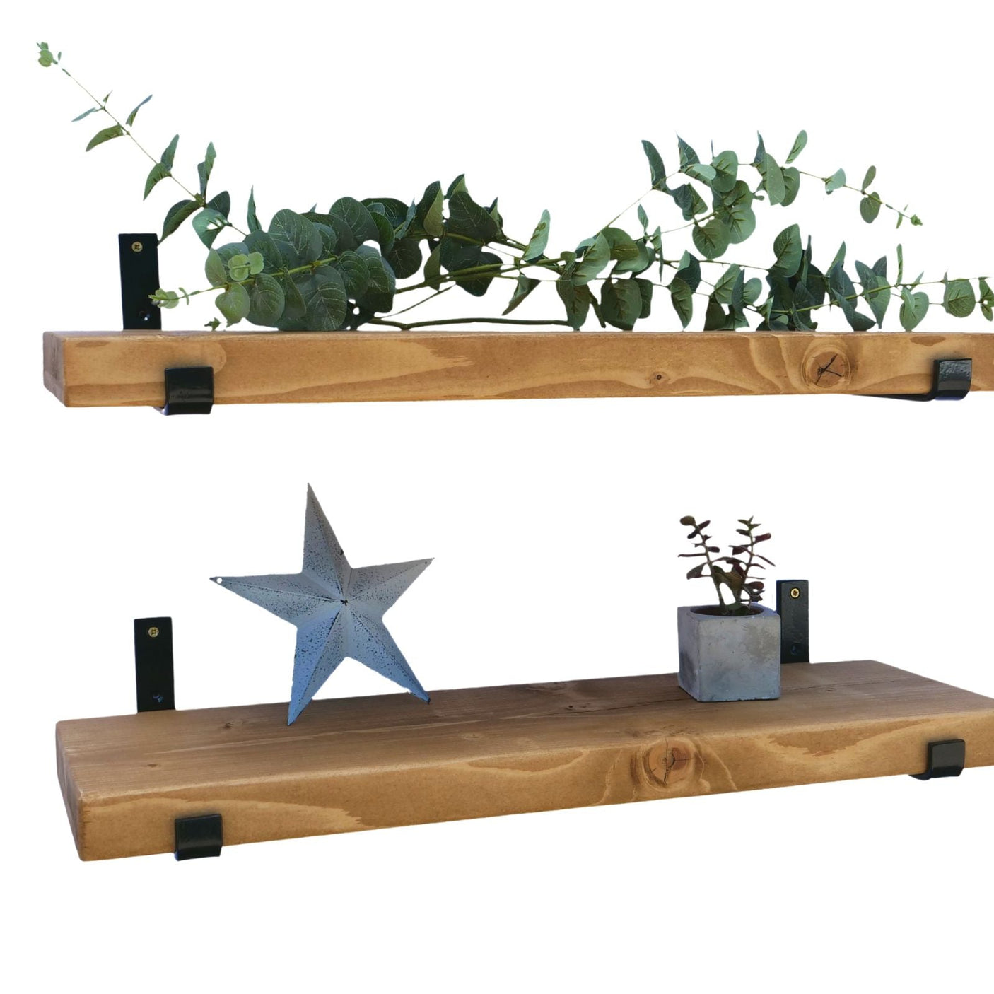 Pair of Rustic Wooden Shelves with Seated L Brackets handcrafted in the UK Shelves Masterplank UK   