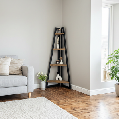 Modern living room with gray sofa, wooden coffee table, and decorative items.