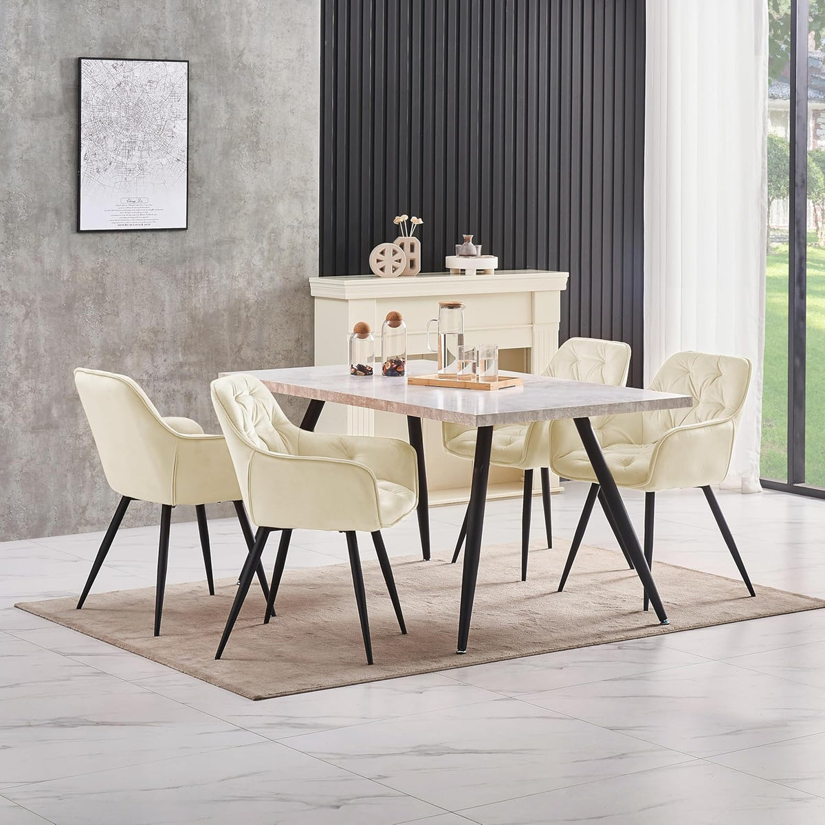 Dining room with a marble table and cream chairs in a modern interior setting.