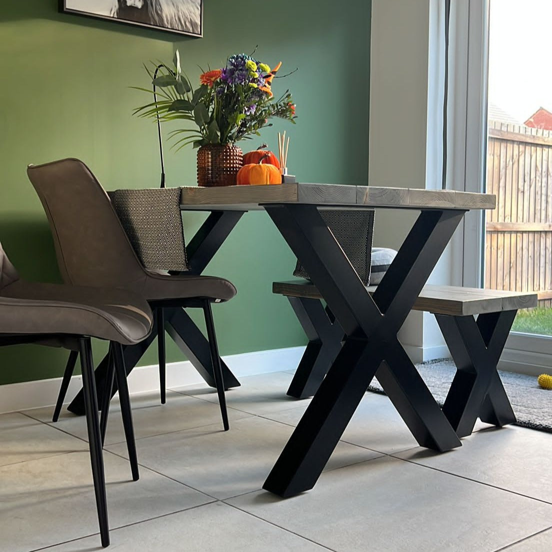 Rustic Dining Table and Bench / chairs Thick Cross Leg Frame Tables masterplank-shop   