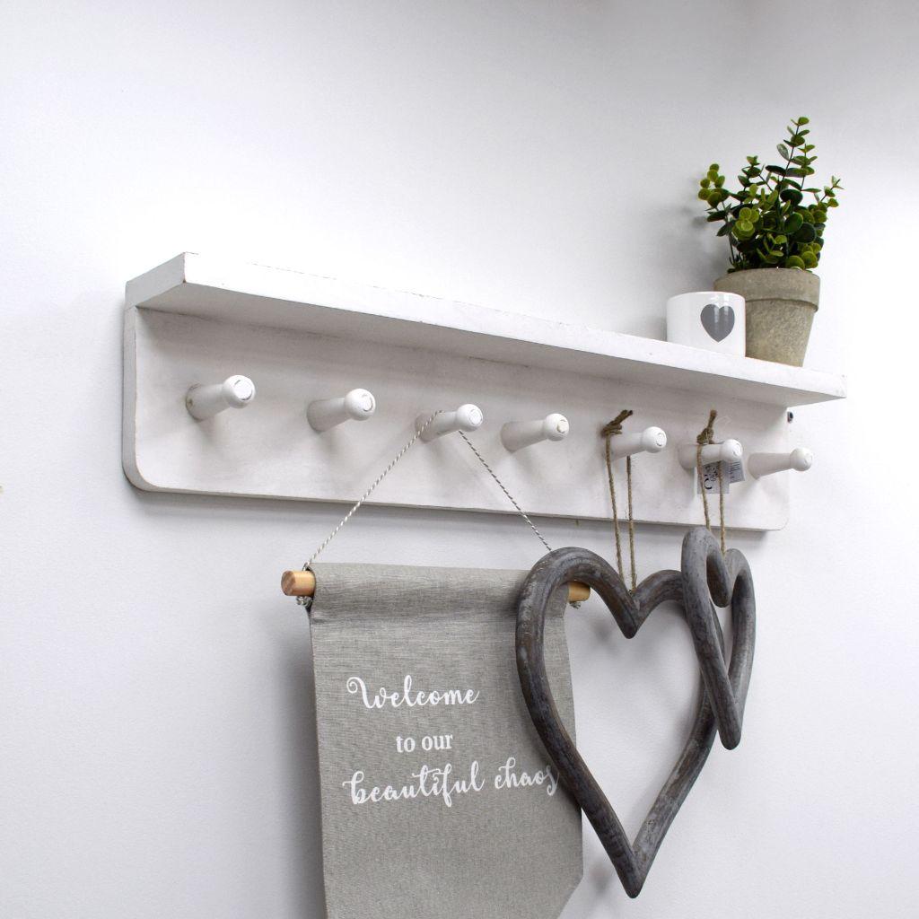 Worn look - Wall Shelf with Pegs - Coat hooks - White - 70cm – Masterplank  UK