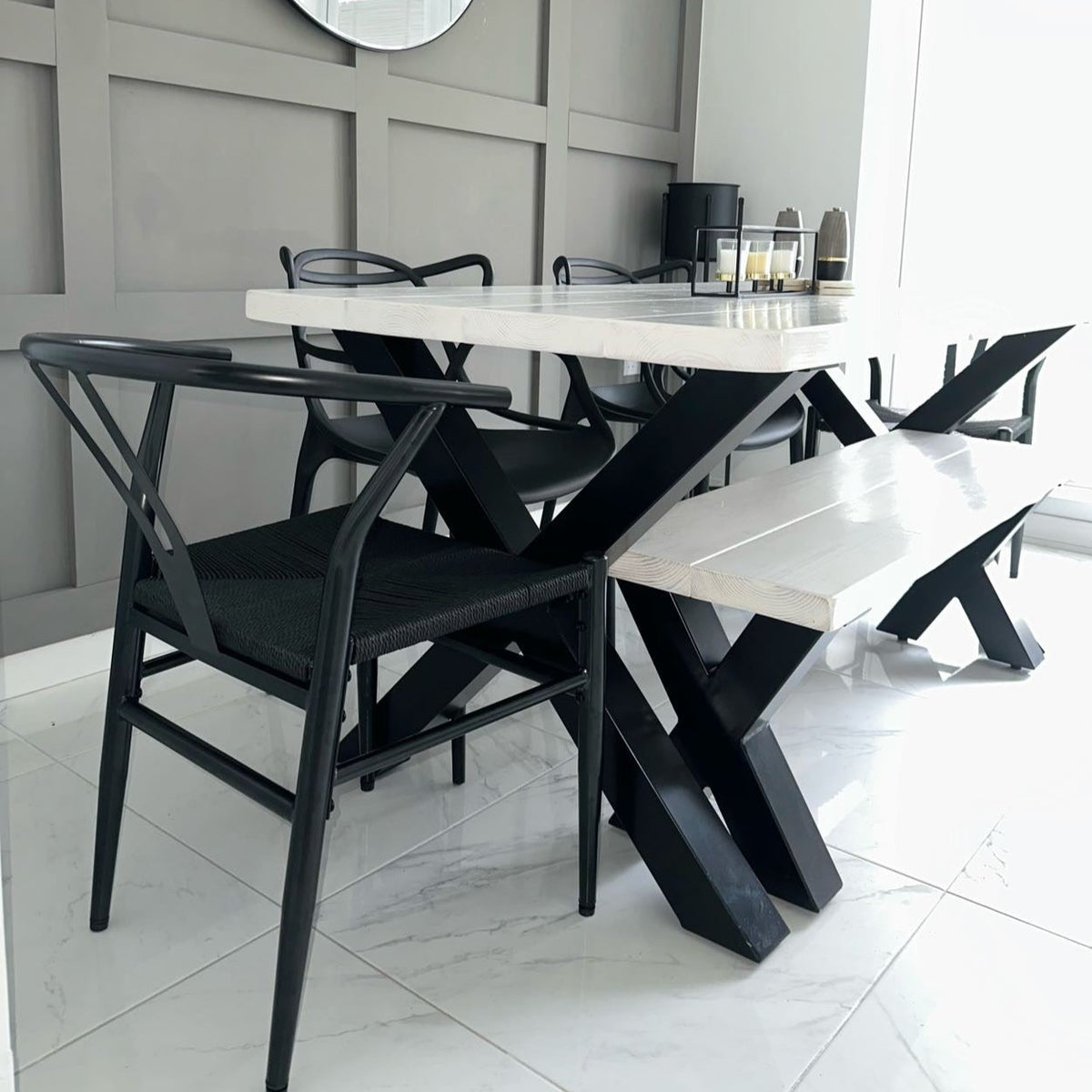 Rustic Dining Table and Bench / chairs Thick Cross Leg Frame Tables masterplank-shop   
