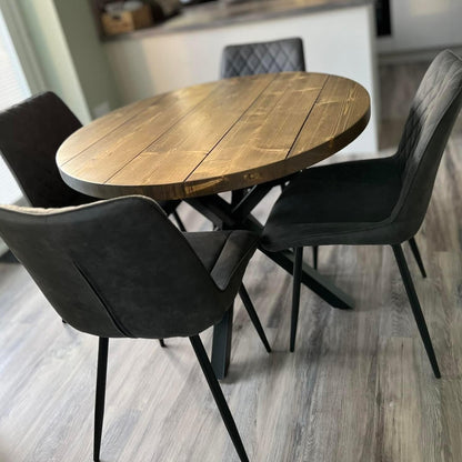 Rustic Reclaimed Round Dining Table - Steel crossed leg Tables Masterplank UK   