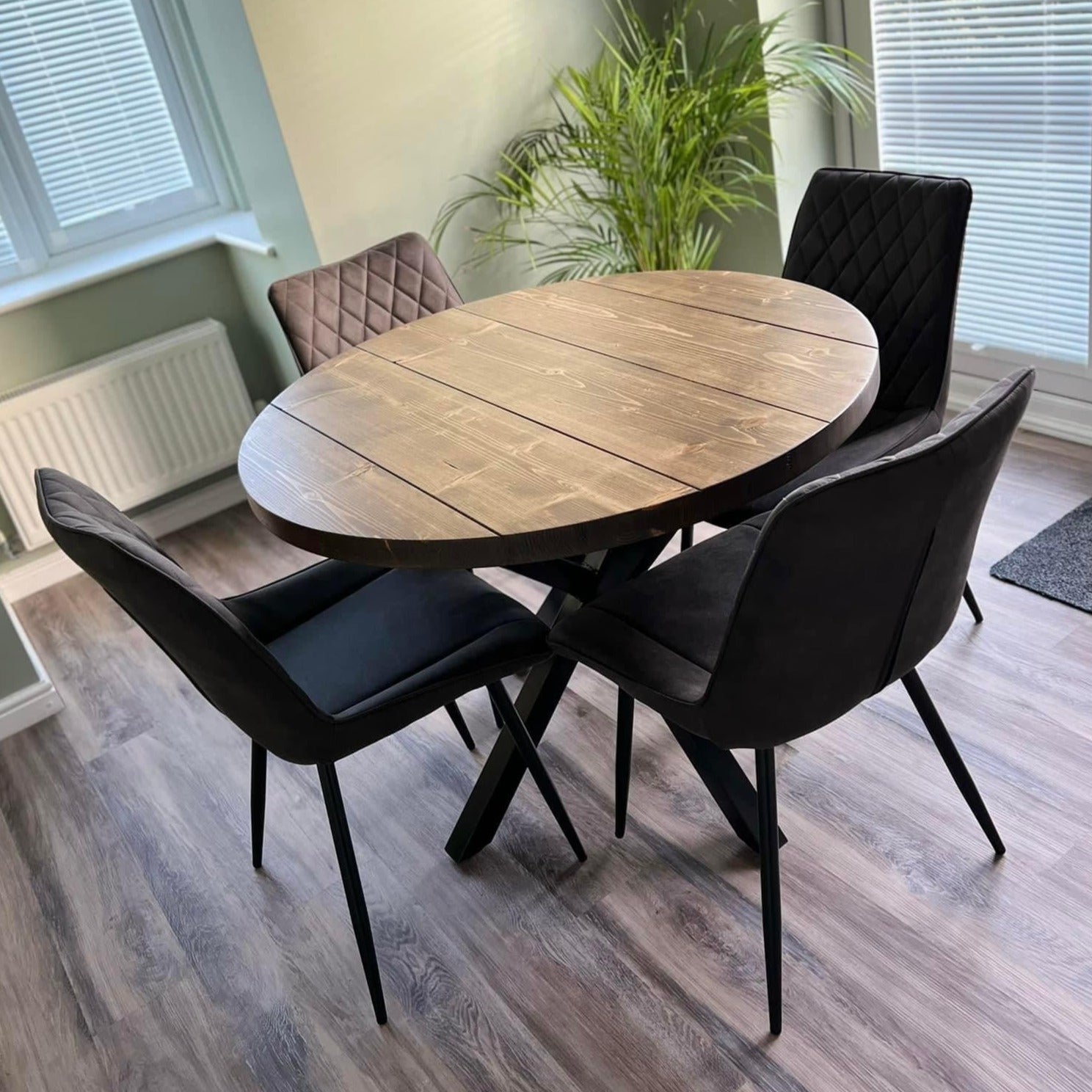 Rustic Reclaimed Round Dining Table - Steel crossed leg Tables Masterplank UK 110cm Diameter  