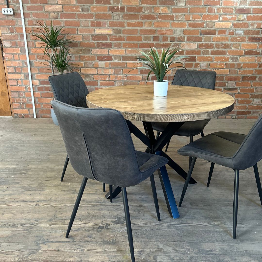 Rustic Reclaimed Round Dining Table - Steel crossed leg Tables Masterplank UK   