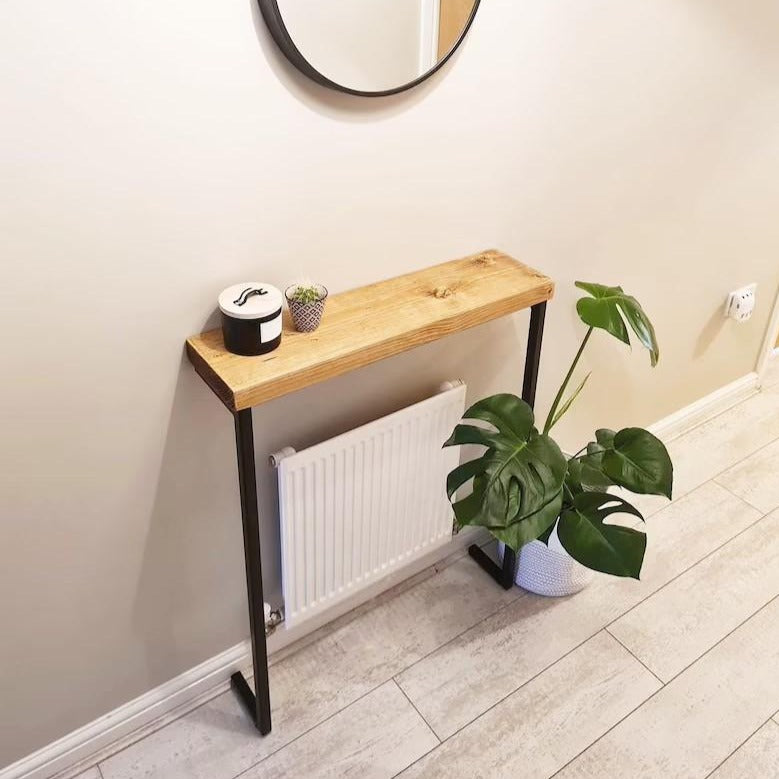 Joshua Rustic Wooden Radiator Shelf &amp; Entry Console Table handcrafted in the UK - L legs Shelves masterplank-shop   