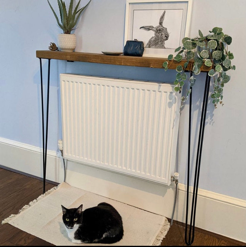 Buy Rustic RADIATOR shelf /console table with hairpin legs – Masterplank UK