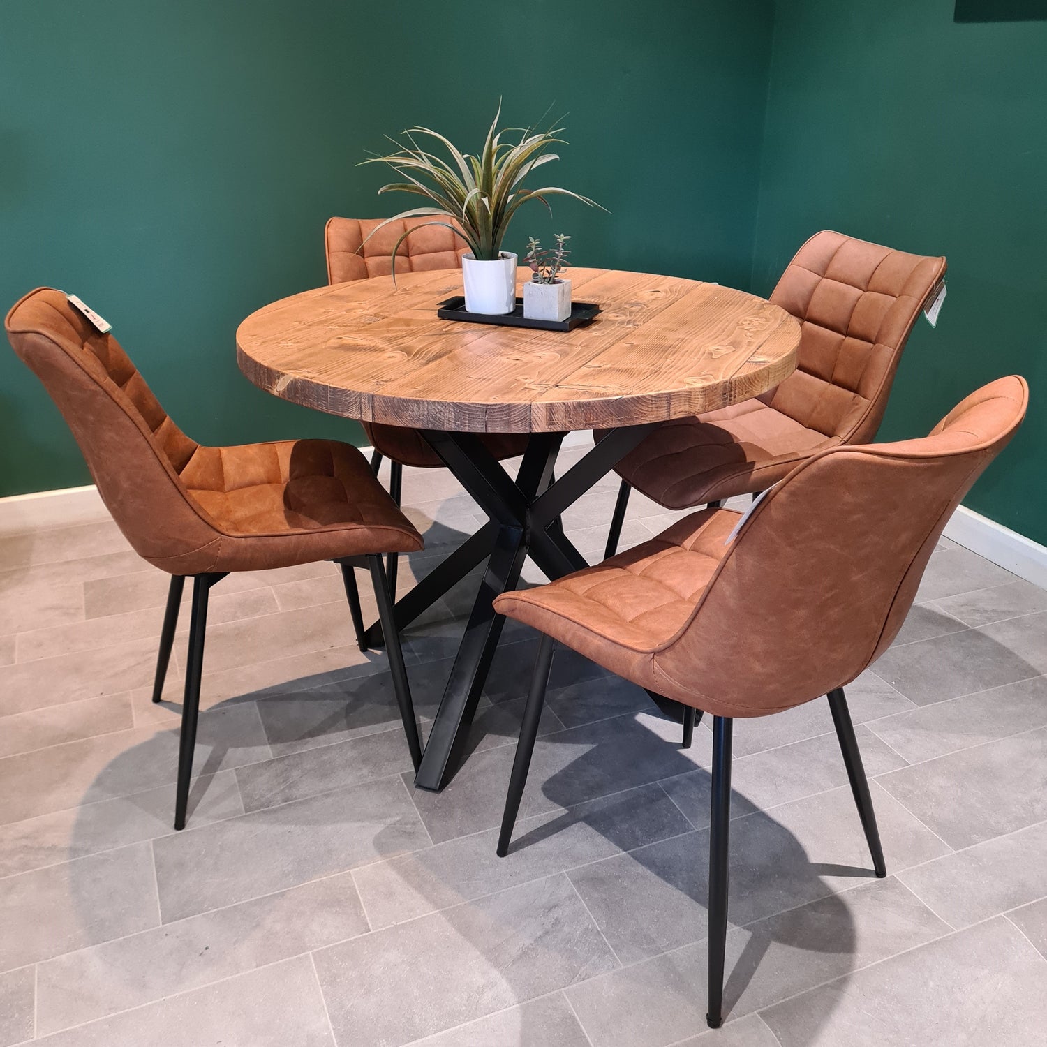 Rustic Reclaimed Round Dining Table - Steel crossed leg Tables Masterplank UK   