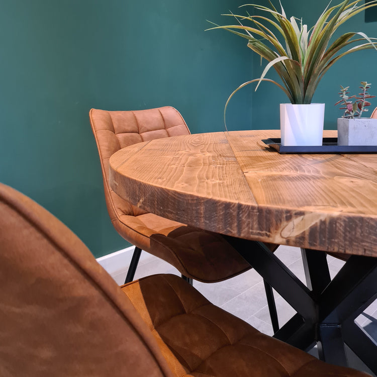 Rustic Reclaimed Round Dining Table - Steel crossed leg Tables Masterplank UK   