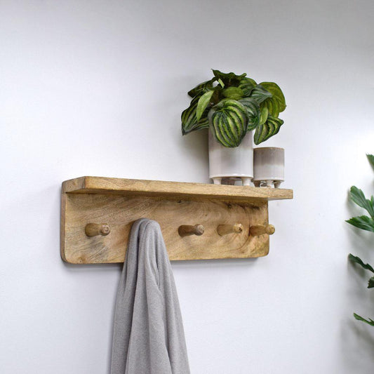 Wall Shelf with Pegs - Coat hooks - Natural - 50cm Decor Masterplank UK   
